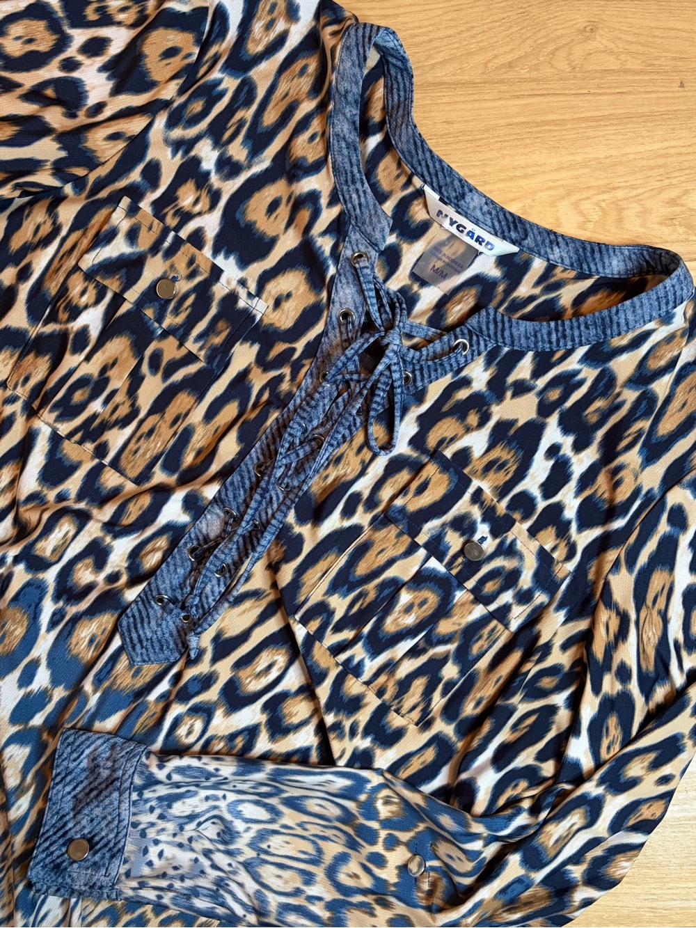 Nygärd Women's Blue & Brown Leopard Print Lace-Up Blouse Medium